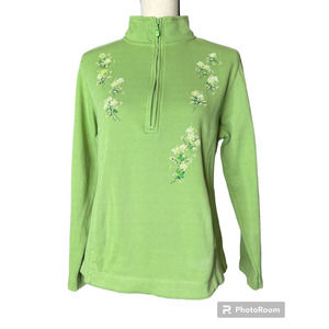 Savanna Women's Top Size M in Green with Partial Zip and Floral Decor